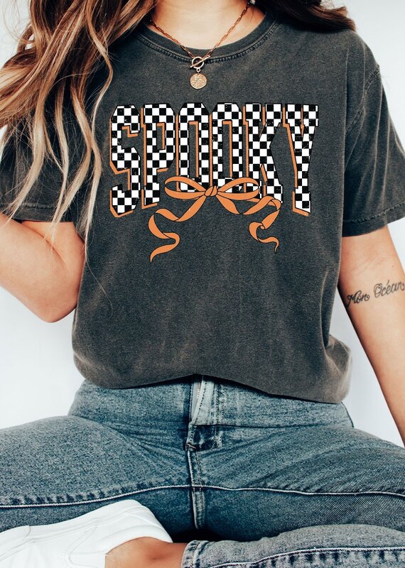 509 Broadway Spooky Checkered Bow Comfort Colors Tee