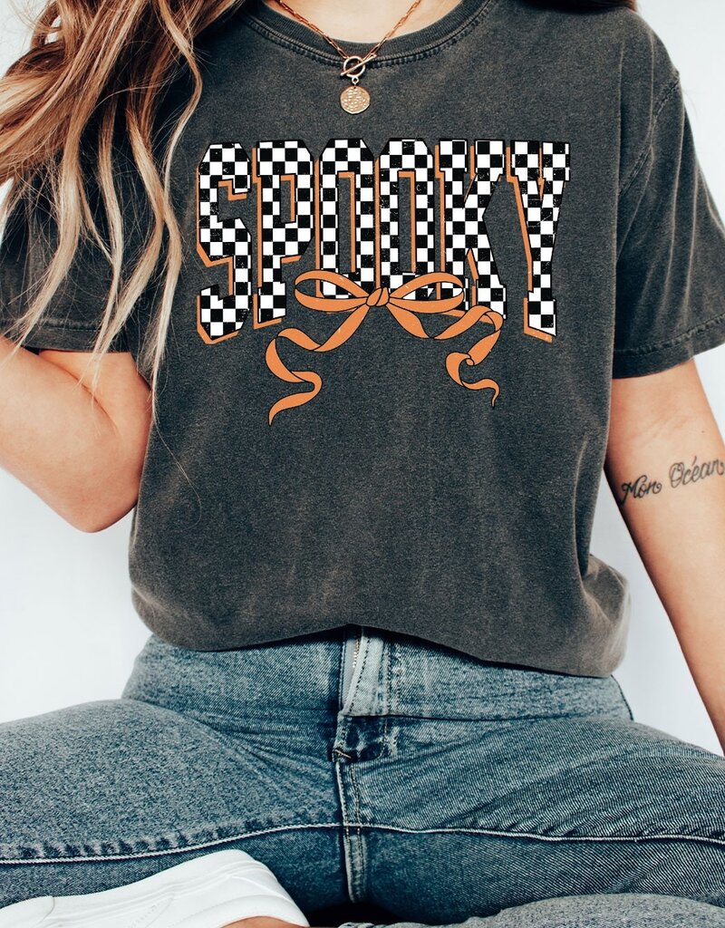 509 Broadway Spooky Checkered Bow Comfort Colors Tee