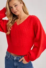 509 Broadway Cropped V-Neck Cable Knit Sweater