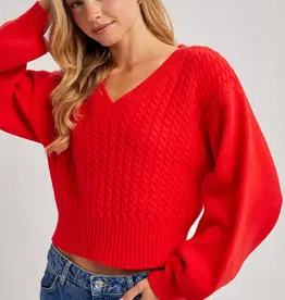 509 Broadway Cropped V-Neck Cable Knit Sweater