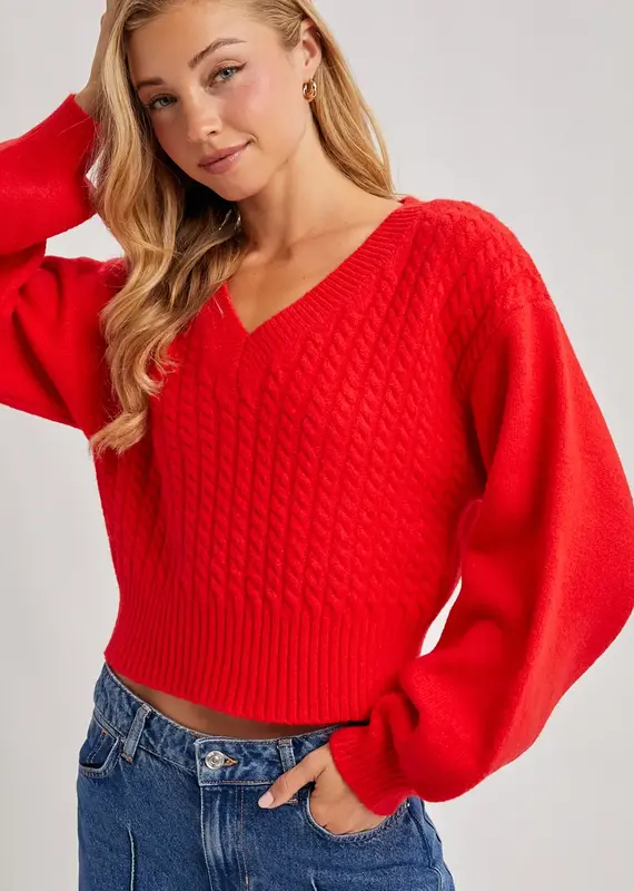 509 Broadway Cropped V-Neck Cable Knit Sweater