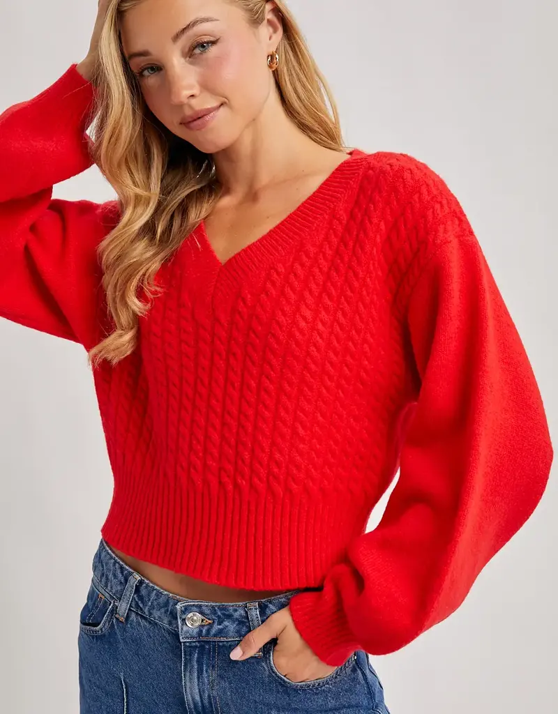 509 Broadway Cropped V-Neck Cable Knit Sweater