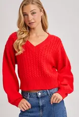 509 Broadway Cropped V-Neck Cable Knit Sweater
