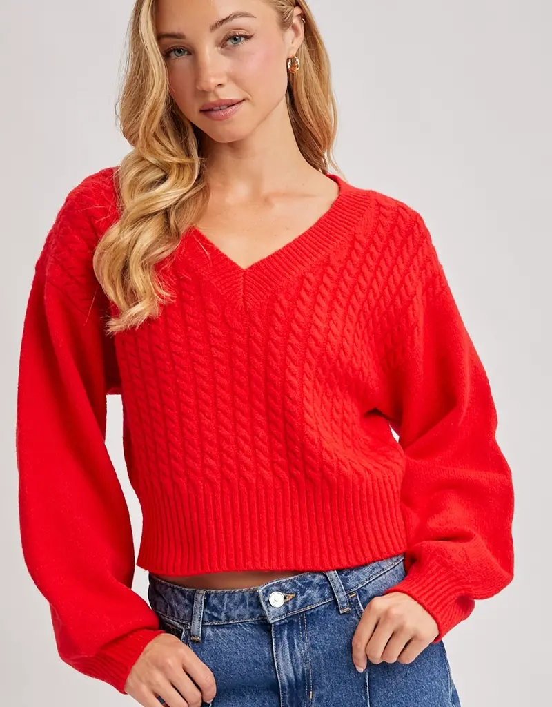 509 Broadway Cropped V-Neck Cable Knit Sweater