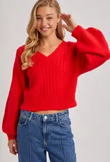 509 Broadway Cropped V-Neck Cable Knit Sweater