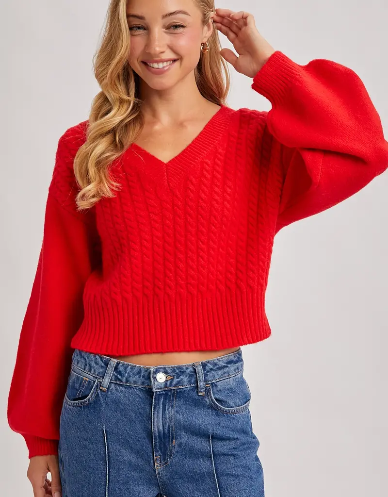 509 Broadway Cropped V-Neck Cable Knit Sweater