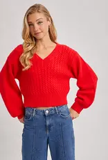 509 Broadway Cropped V-Neck Cable Knit Sweater