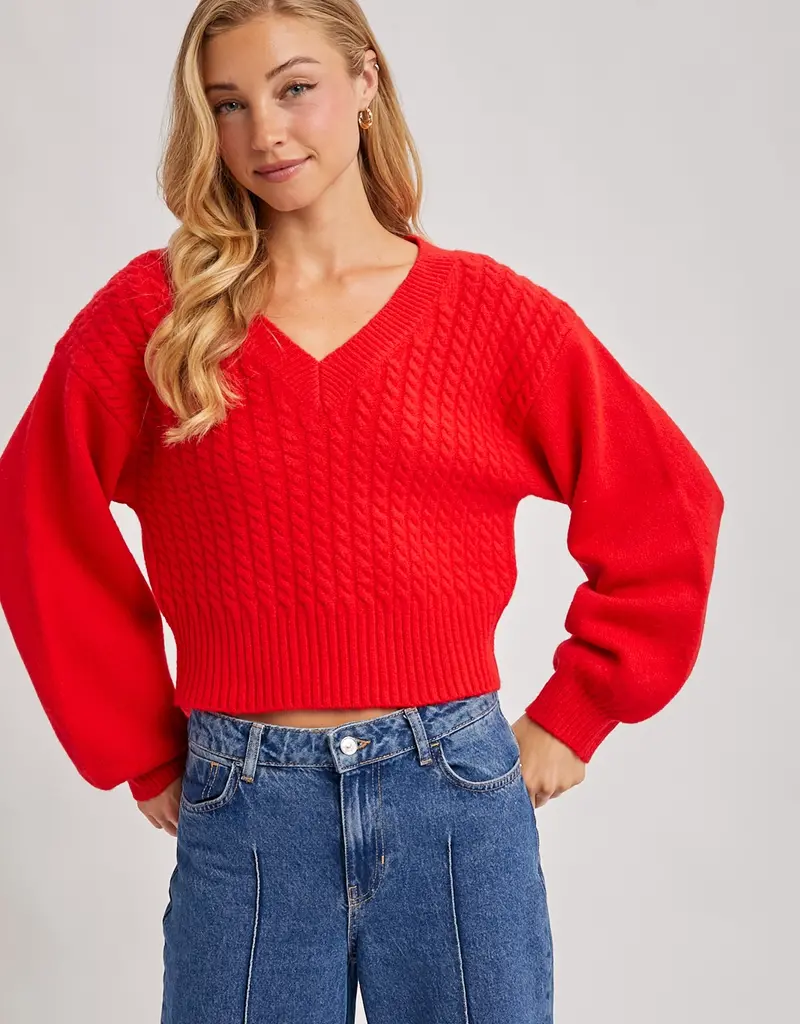 509 Broadway Cropped V-Neck Cable Knit Sweater