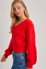 509 Broadway Cropped V-Neck Cable Knit Sweater