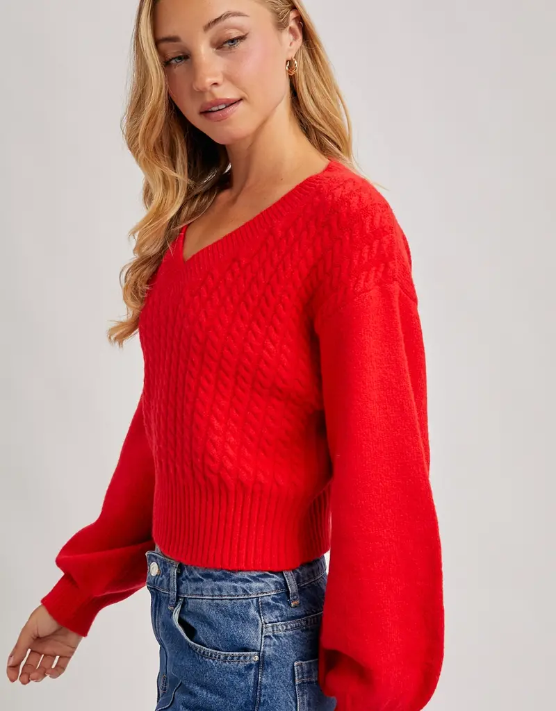 509 Broadway Cropped V-Neck Cable Knit Sweater