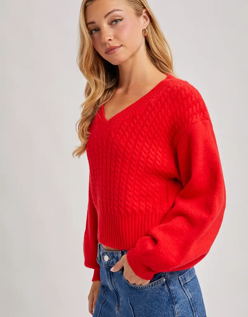 509 Broadway Cropped V-Neck Cable Knit Sweater