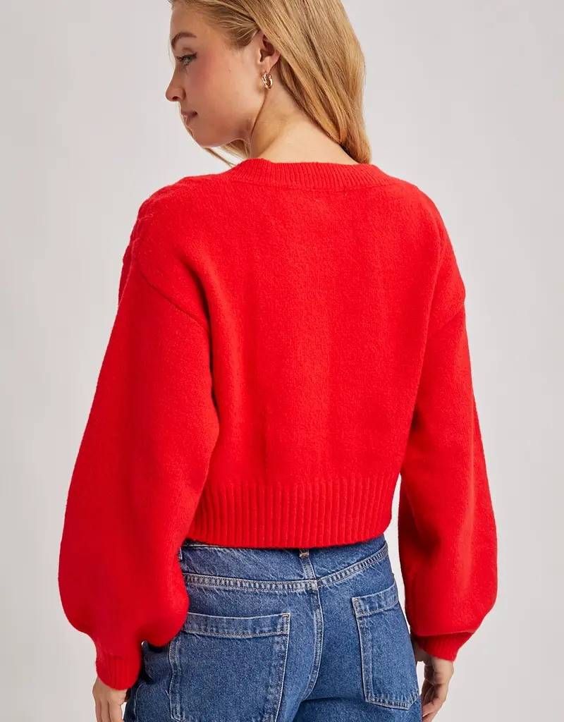 509 Broadway Cropped V-Neck Cable Knit Sweater
