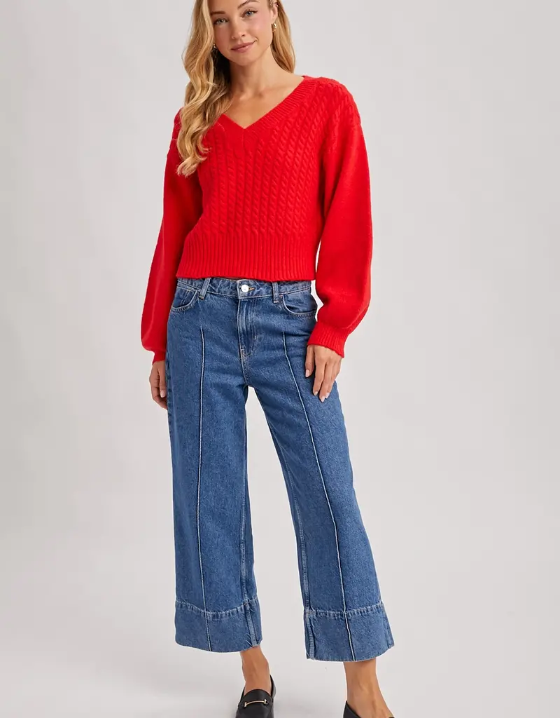 509 Broadway Cropped V-Neck Cable Knit Sweater