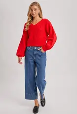 509 Broadway Cropped V-Neck Cable Knit Sweater