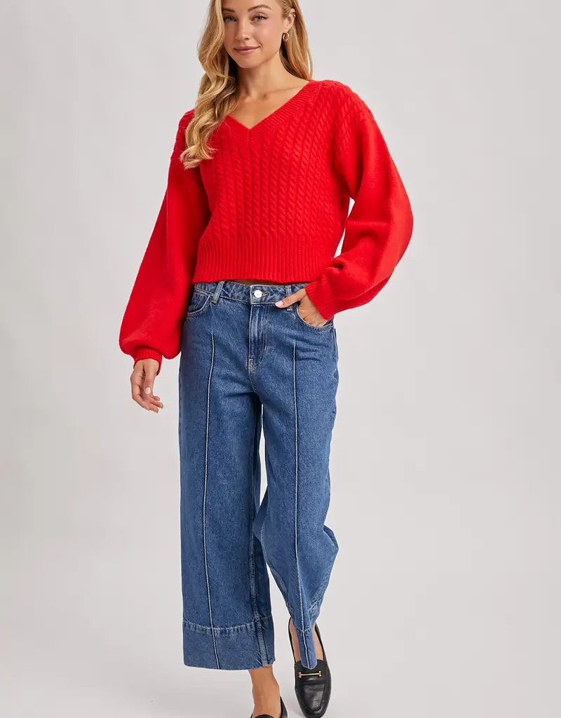 509 Broadway Cropped V-Neck Cable Knit Sweater