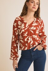 509 Broadway Collar V-Neck Abstract Print Top