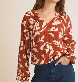 509 Broadway Collar V-Neck Abstract Print Top