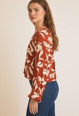 509 Broadway Collar V-Neck Abstract Print Top