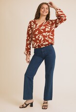 509 Broadway Collar V-Neck Abstract Print Top