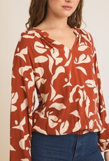 509 Broadway Collar V-Neck Abstract Print Top