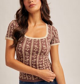 509 Broadway Lace Trim Floral Motif Tee