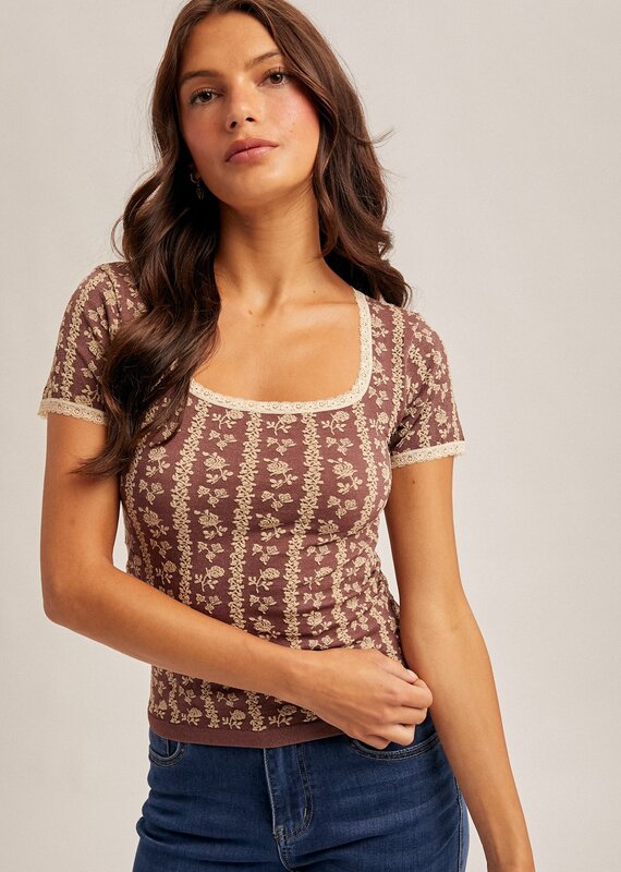 509 Broadway Lace Trim Floral Motif Tee