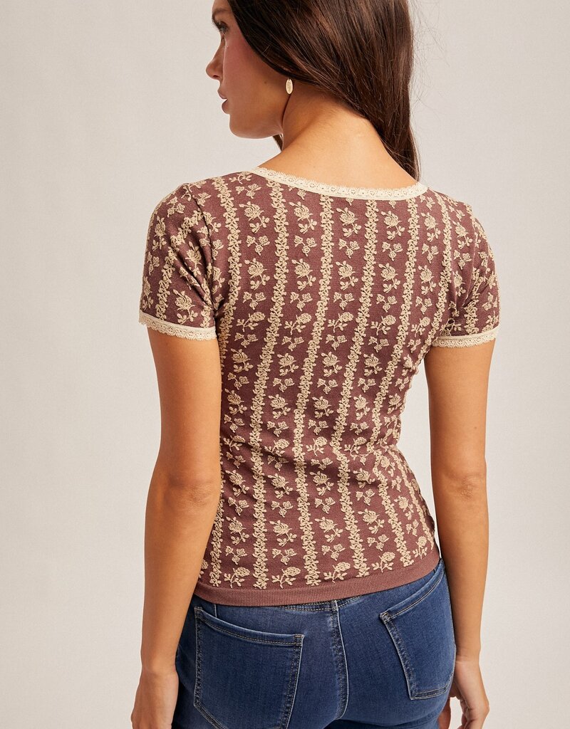 509 Broadway Lace Trim Floral Motif Tee