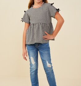 509 Broadway Girls Contrast Ribbon Gingham Babydoll Top