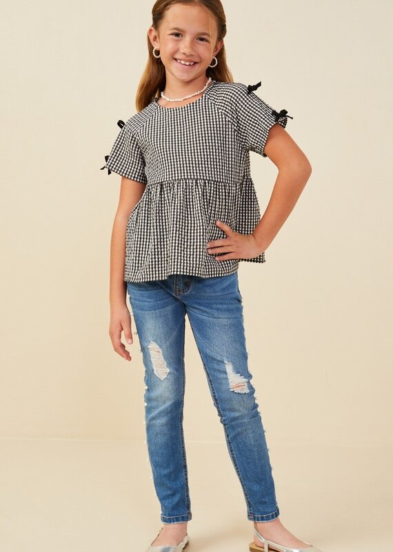 509 Broadway Girls Contrast Ribbon Gingham Babydoll Top