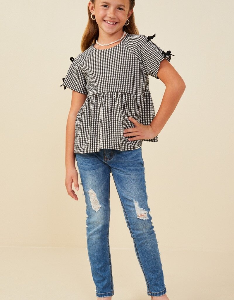 509 Broadway Girls Contrast Ribbon Gingham Babydoll Top