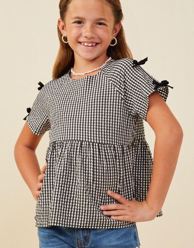 509 Broadway Girls Contrast Ribbon Gingham Babydoll Top