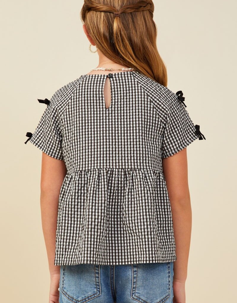 509 Broadway Girls Contrast Ribbon Gingham Babydoll Top
