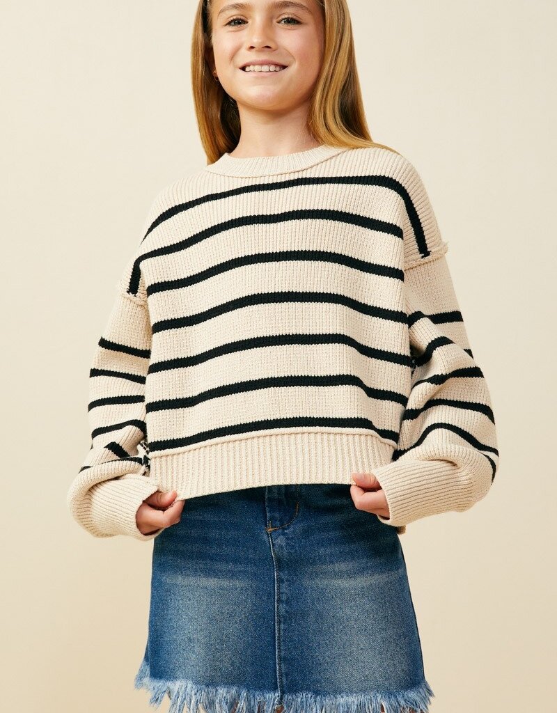 509 Broadway Girls Shoulder Puff Stripe Sweater