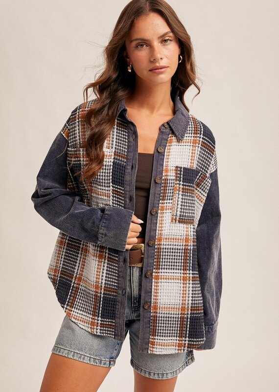 509 Broadway Waffle Texture Plaid Corduroy Schacket