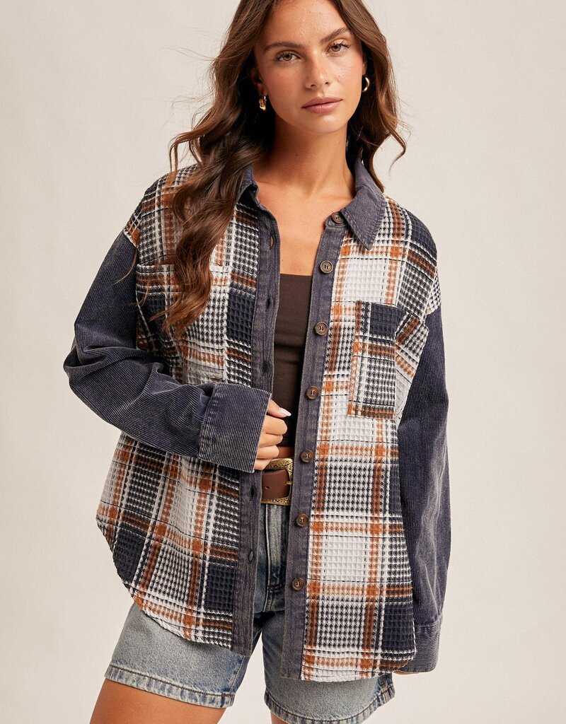 509 Broadway Waffle Texture Plaid Corduroy Schacket