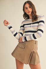 509 Broadway Striped Henley Rib Sweater Top