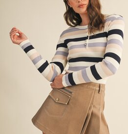 509 Broadway Striped Henley Rib Sweater Top