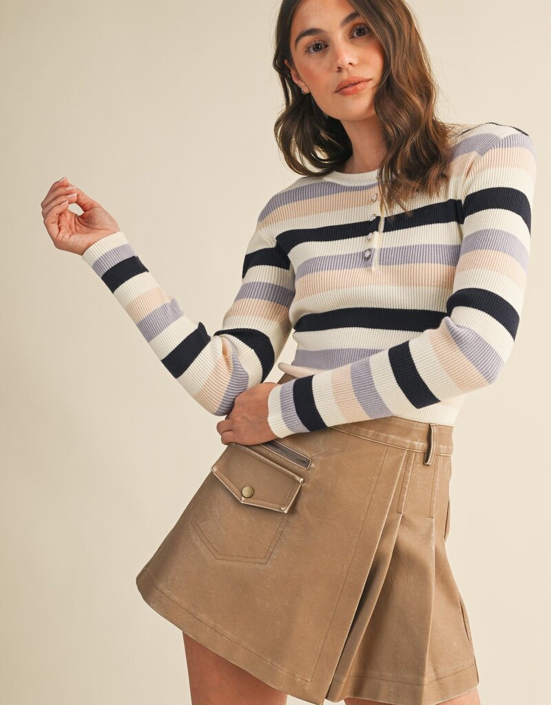 509 Broadway Striped Henley Rib Sweater Top