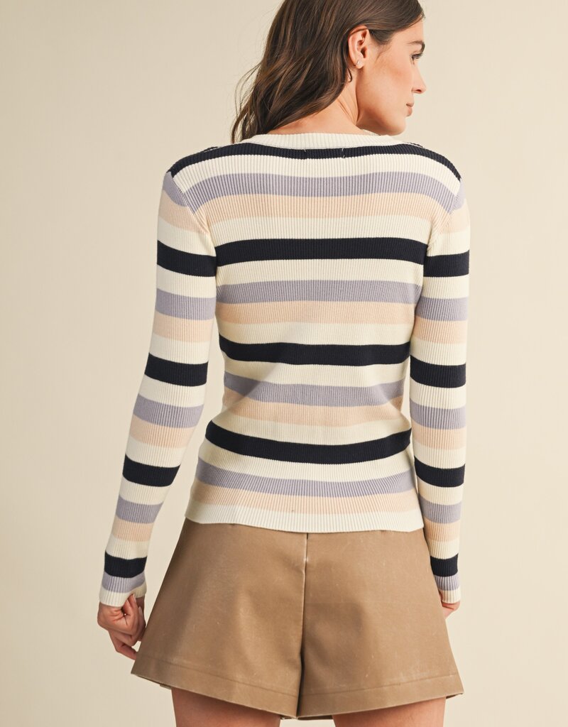 509 Broadway Striped Henley Rib Sweater Top