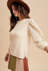 509 Broadway Lace Sleeve Rib Sweater Top