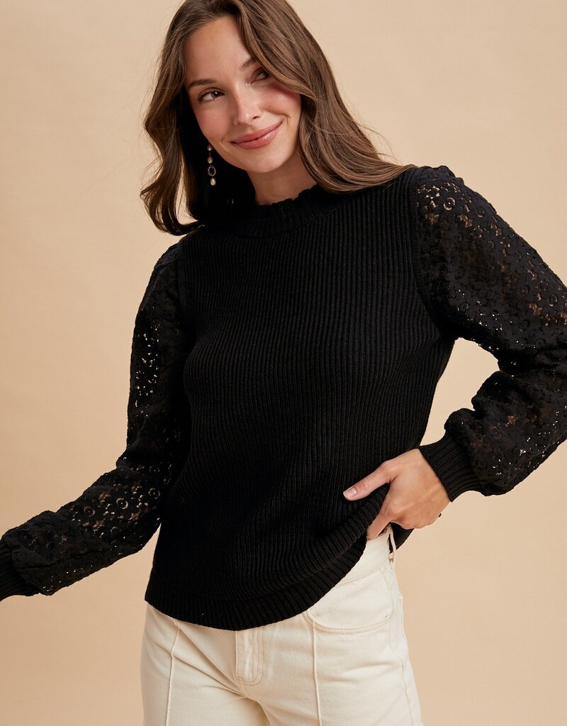 509 Broadway Lace Sleeve Rib Sweater Top