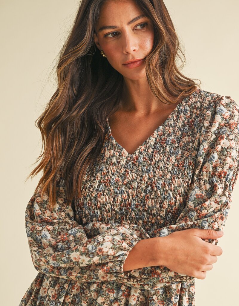 509 Broadway Flower Print Smocked Mini Dress