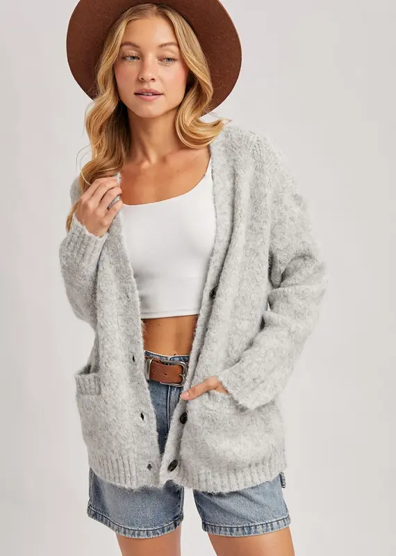 509 Broadway Button Down Fuzzy Heathered Cardigan