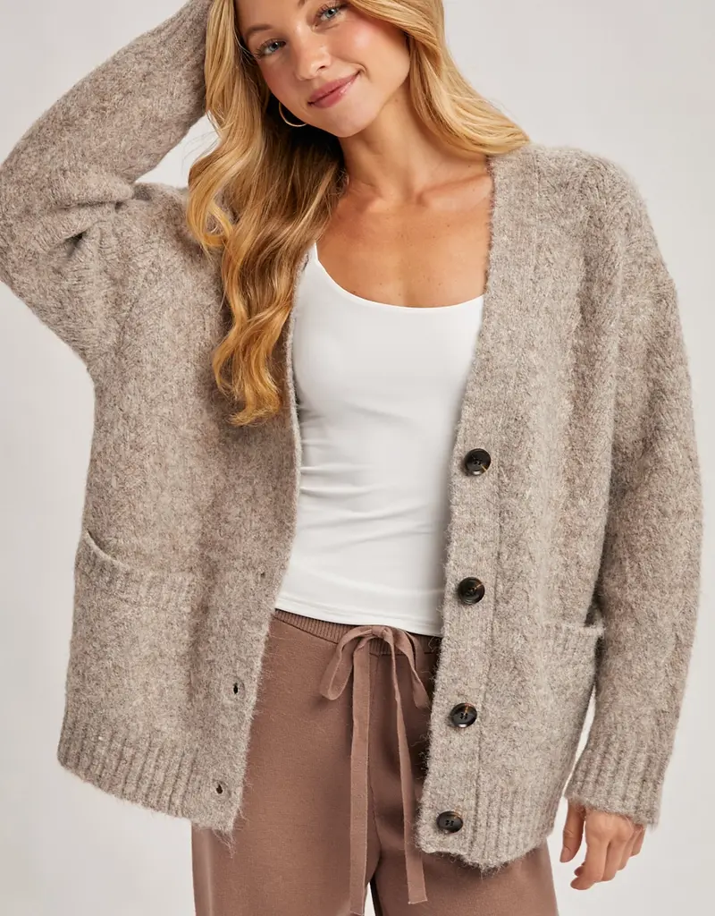 509 Broadway Button Down Fuzzy Heathered Cardigan