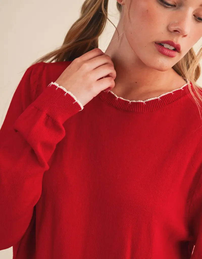 509 Broadway Contrast Knit Scalloped Edge Sweater