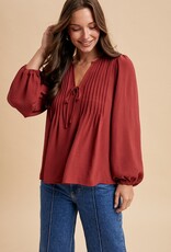 509 Broadway Pintuck Detail V-Neck Solid Woven Blouse