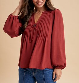 509 Broadway Pintuck Detail V-Neck Solid Woven Blouse