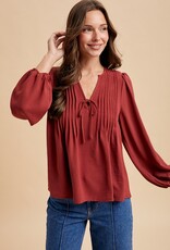 509 Broadway Pintuck Detail V-Neck Solid Woven Blouse