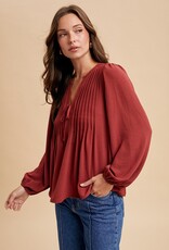 509 Broadway Pintuck Detail V-Neck Solid Woven Blouse