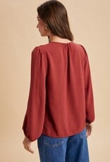 509 Broadway Pintuck Detail V-Neck Solid Woven Blouse
